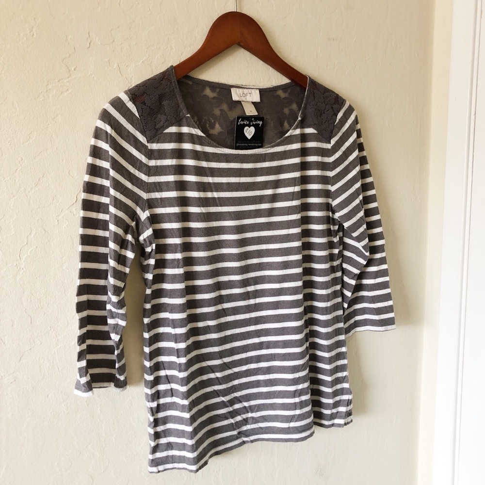 grey and white striped LOFT 3/4 sleeve shirt